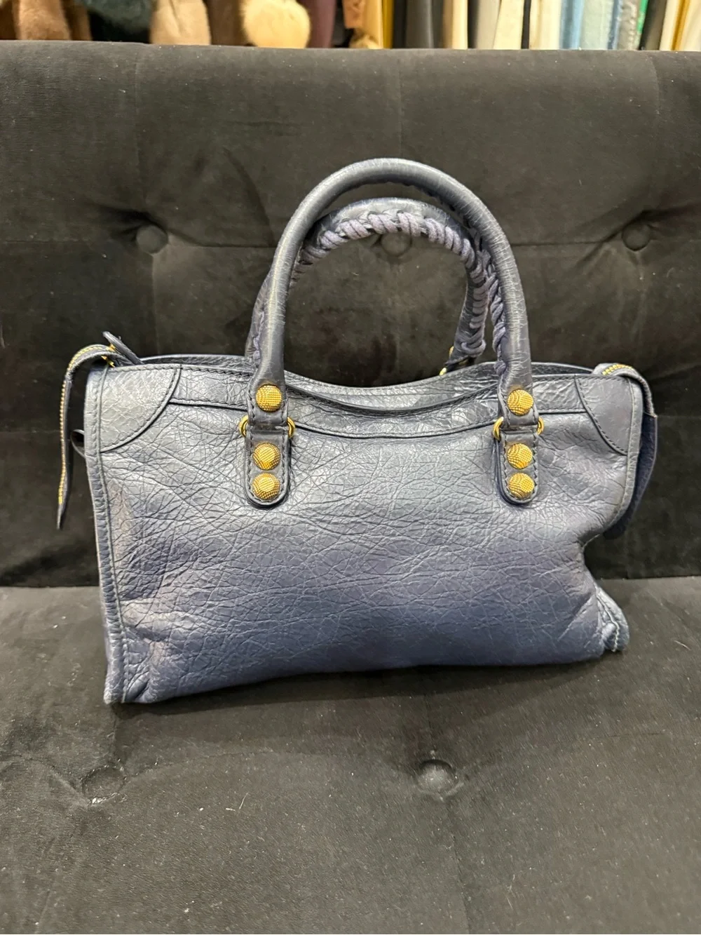 Balenciaga Navy Blue Leather Satchel with Gold Hardware - Picture 8 of 8